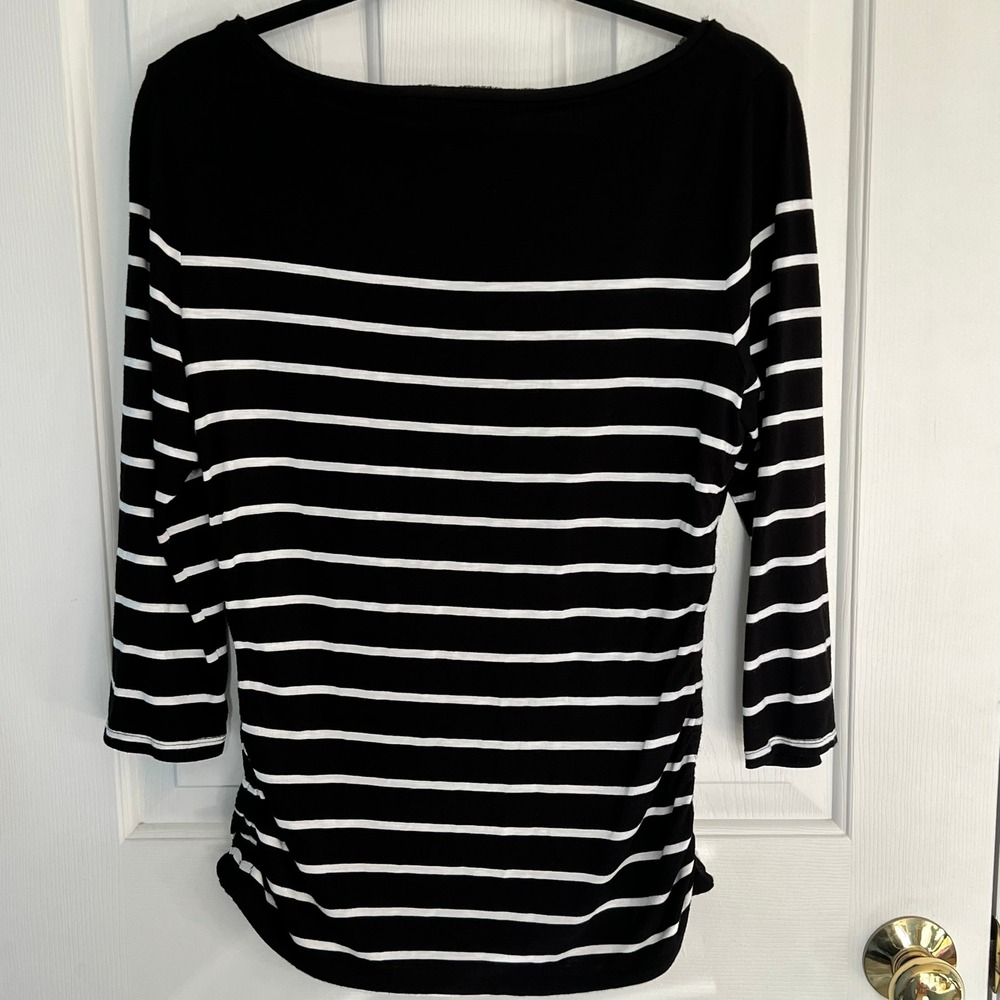White House Black‎ Market Striped Ruched Side Boatneck Top Black White M - Picture 2 of 8